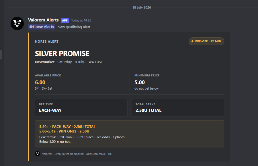 Illustrative Valorem Bets horse each-way Discord alert format